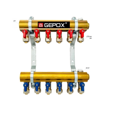 Rozdzielacz C.O. 6 obwodów GEPOX zaworki PEX odpowietrzniki DO GRZEJNIKÓW